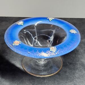 Cobalt blue and gold adorned footed candy compote dish paneled glass
